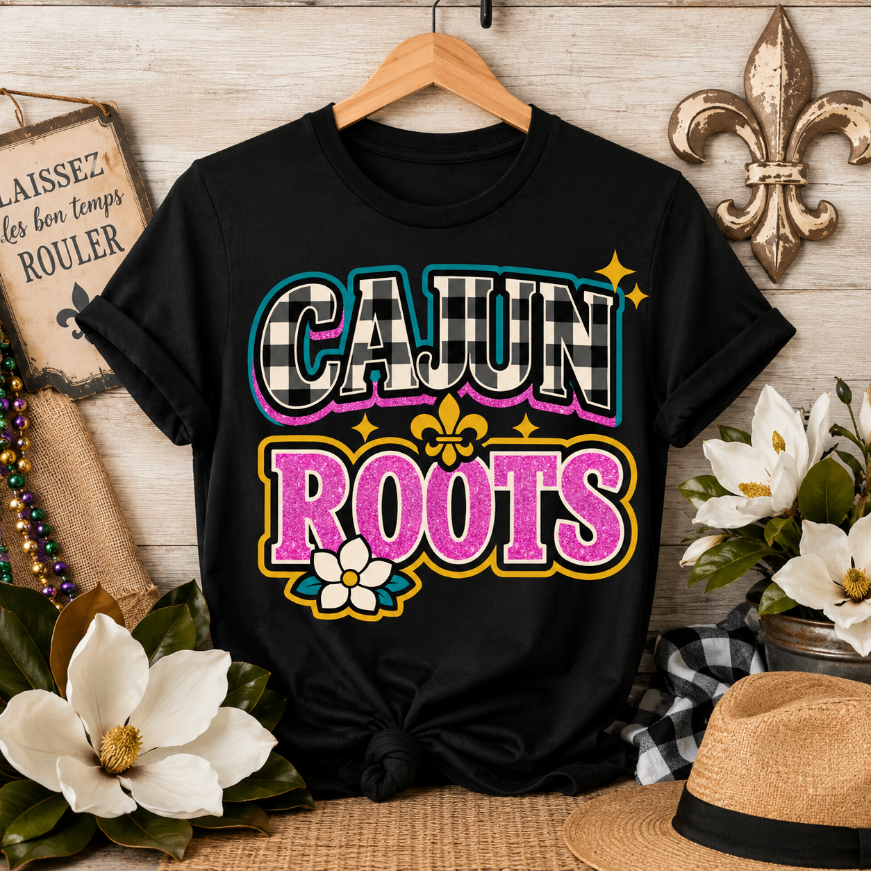 Cajun Roots Shirt, Buffalo Check Fleur de Lis Tee, Southern Magnolia Graphic T-Shirt