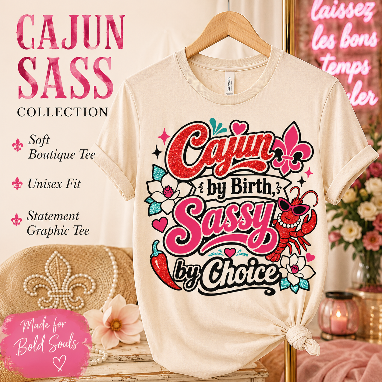 Cajun Sass Tee, Bold Southern Graphic T-Shirt with Fleur de Lis