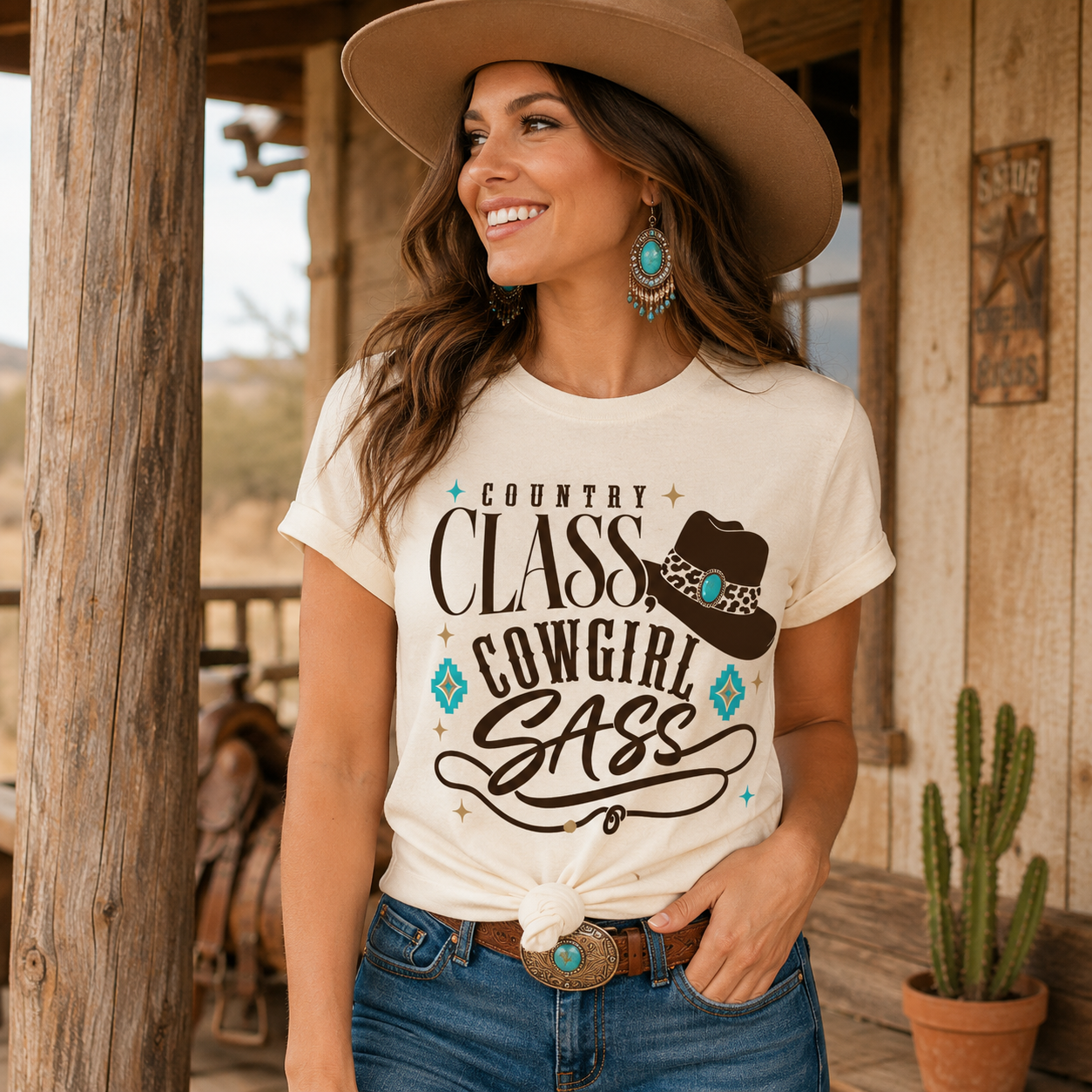 Cowgirl Sass Shirt, Country Class Tee with Leopard Print Detail