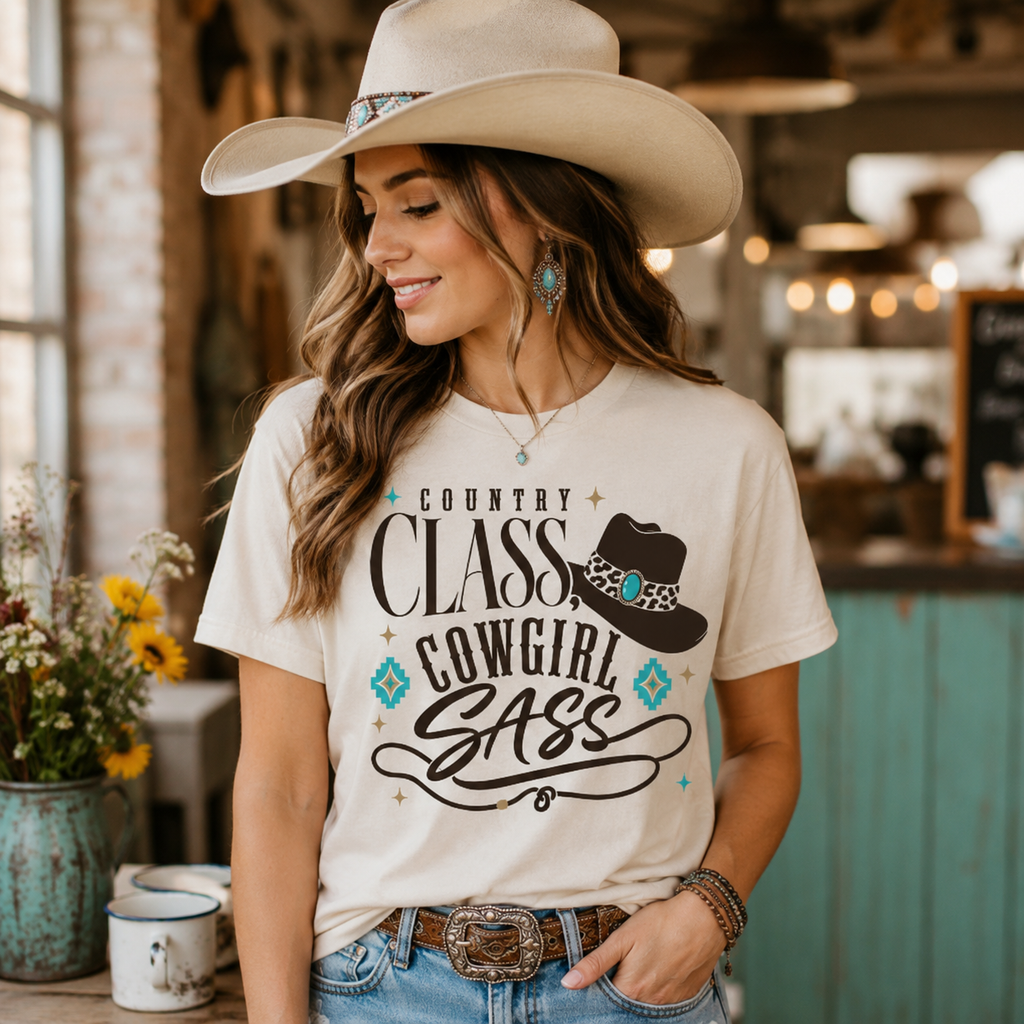 Cowgirl Sass Shirt, Country Class Tee with Leopard Print Detail