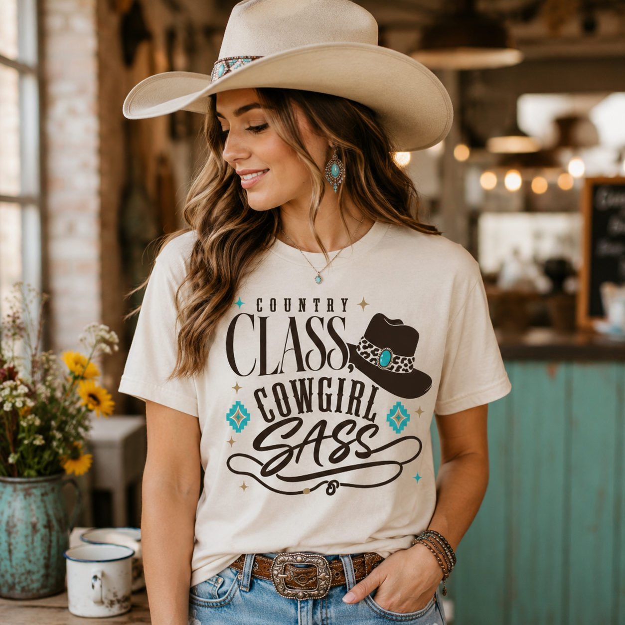 Cowgirl Sass Shirt, Country Class Tee with Leopard Print Detail