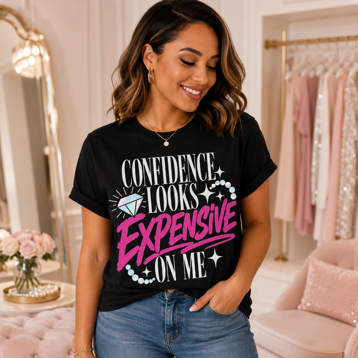 Sassy Statement Graphic Tee with Foil Vinyl & Pearl Detail | Funny Women's Shirt Shirt