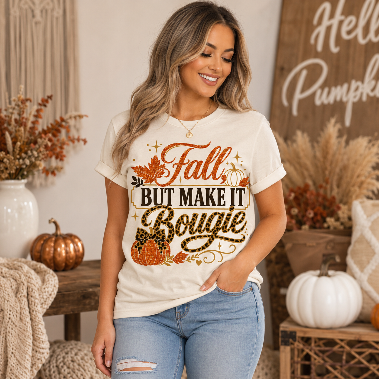 Leopard Pumpkin Fall Shirt, Bougie Autumn Heat Transfer Tee