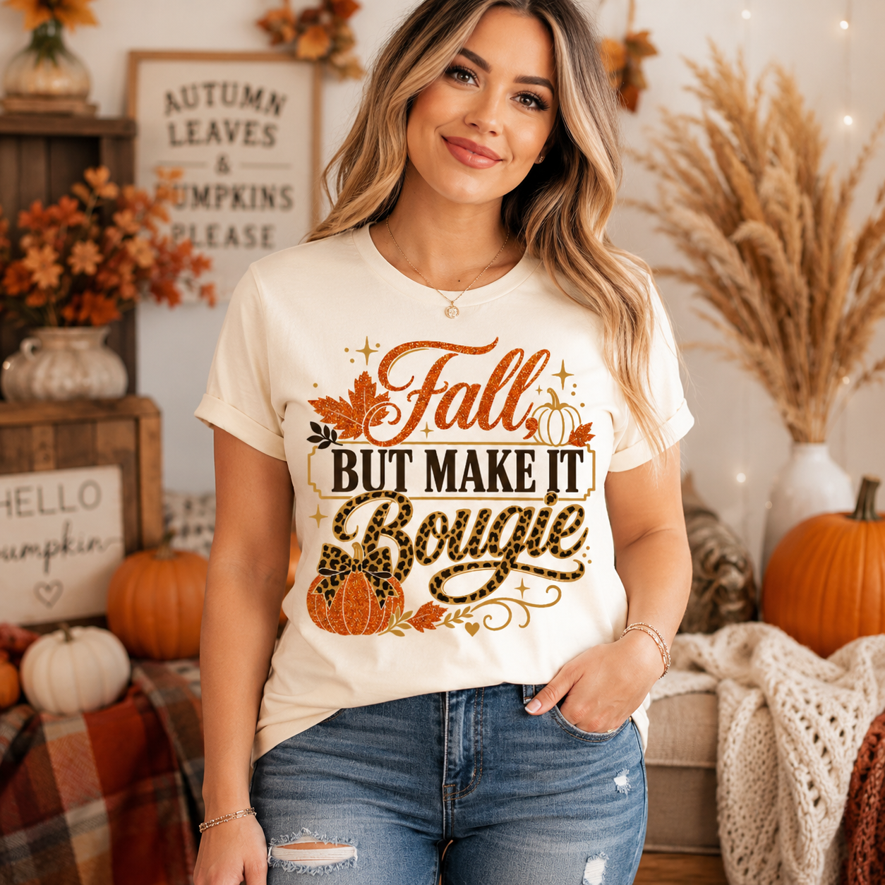 Leopard Pumpkin Fall Shirt, Bougie Autumn Heat Transfer Tee