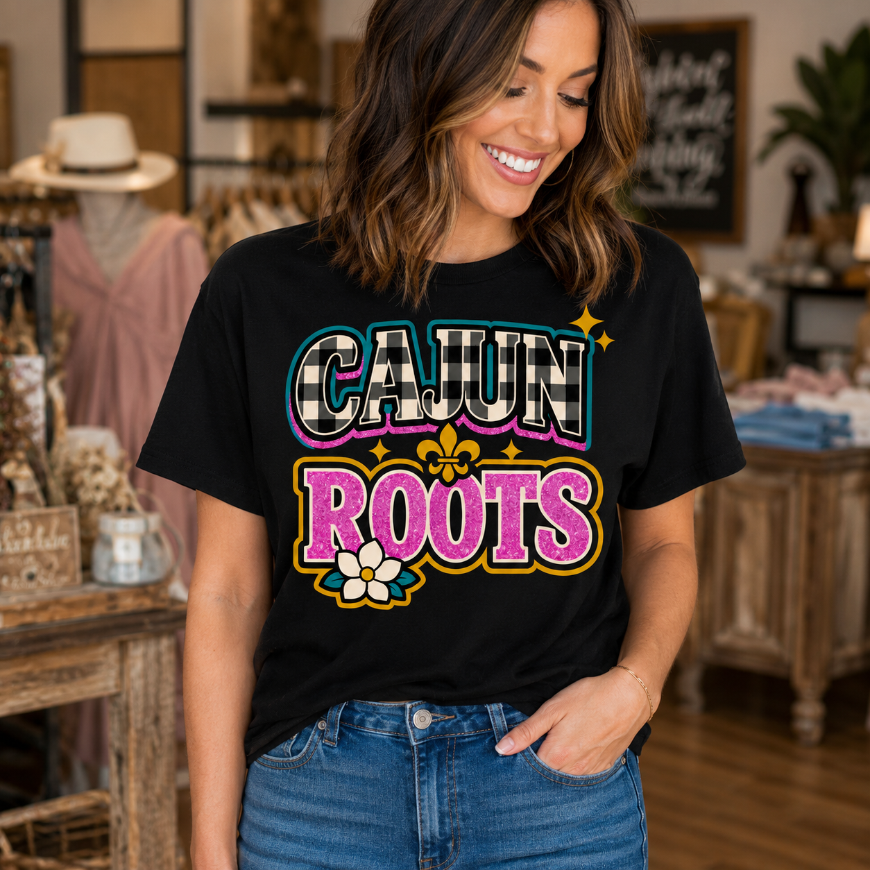Cajun Roots Shirt, Buffalo Check Fleur de Lis Tee, Southern Magnolia Graphic T-Shirt