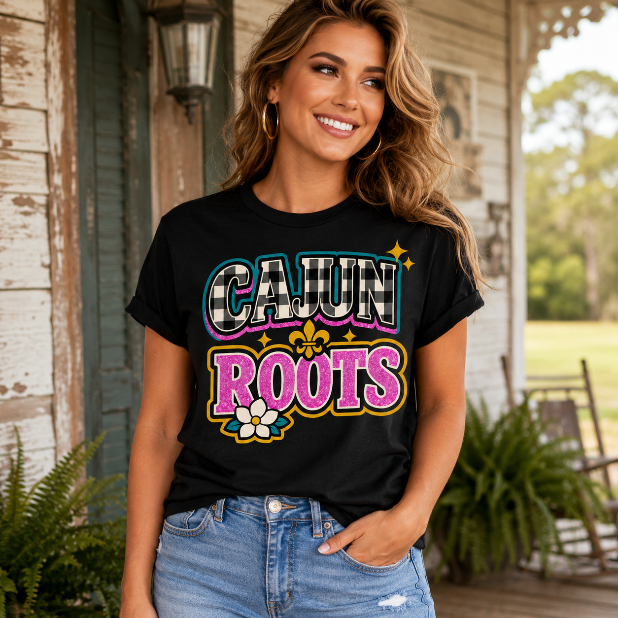 Cajun Roots Shirt, Buffalo Check Fleur de Lis Tee, Southern Magnolia Graphic T-Shirt