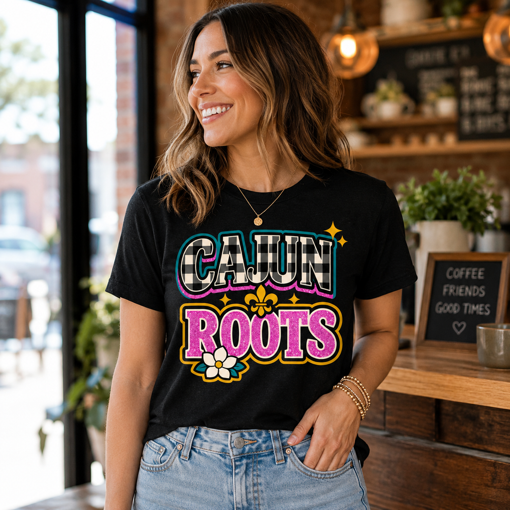 Cajun Roots Shirt, Buffalo Check Fleur de Lis Tee, Southern Magnolia Graphic T-Shirt