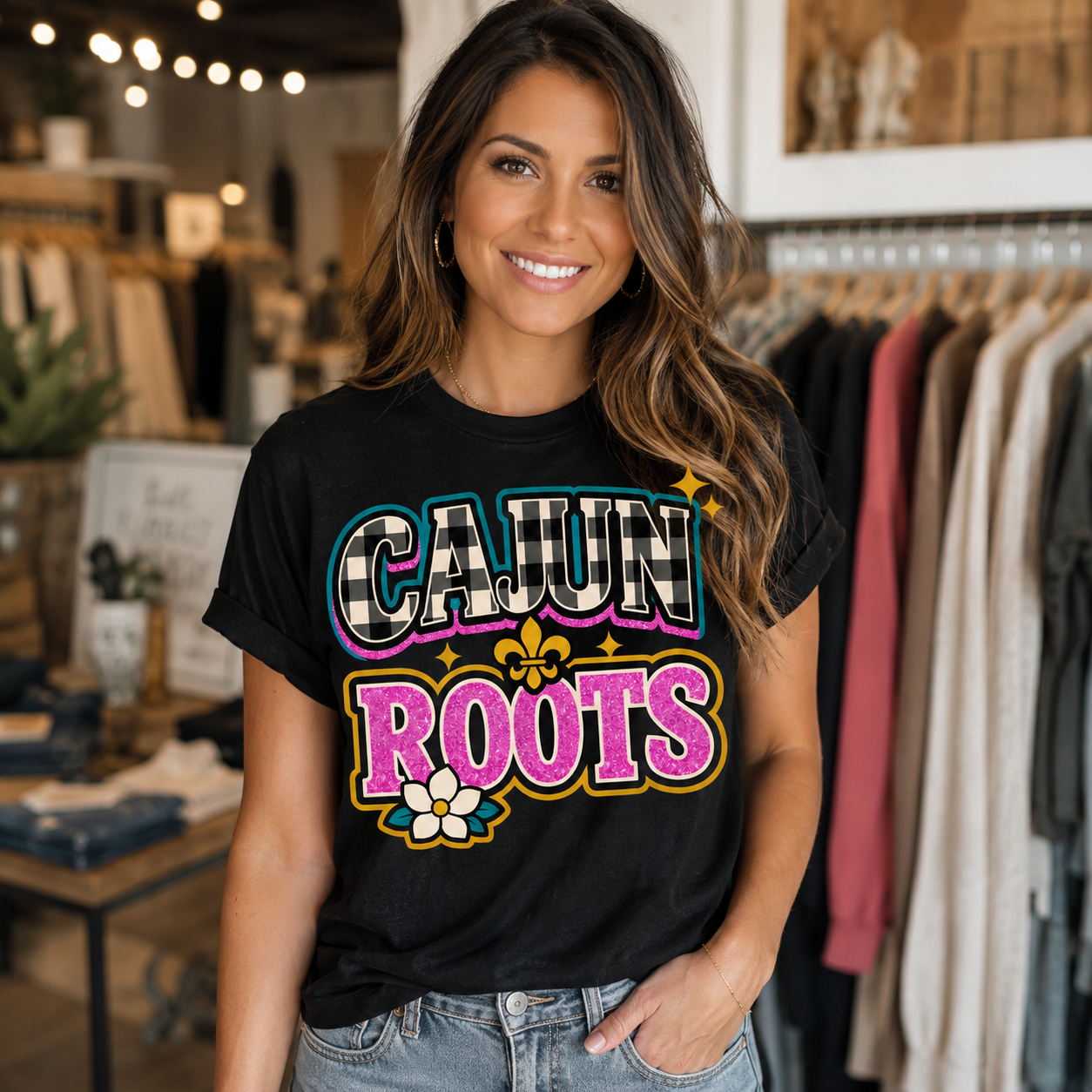 Cajun Roots Shirt, Buffalo Check Fleur de Lis Tee, Southern Magnolia Graphic T-Shirt
