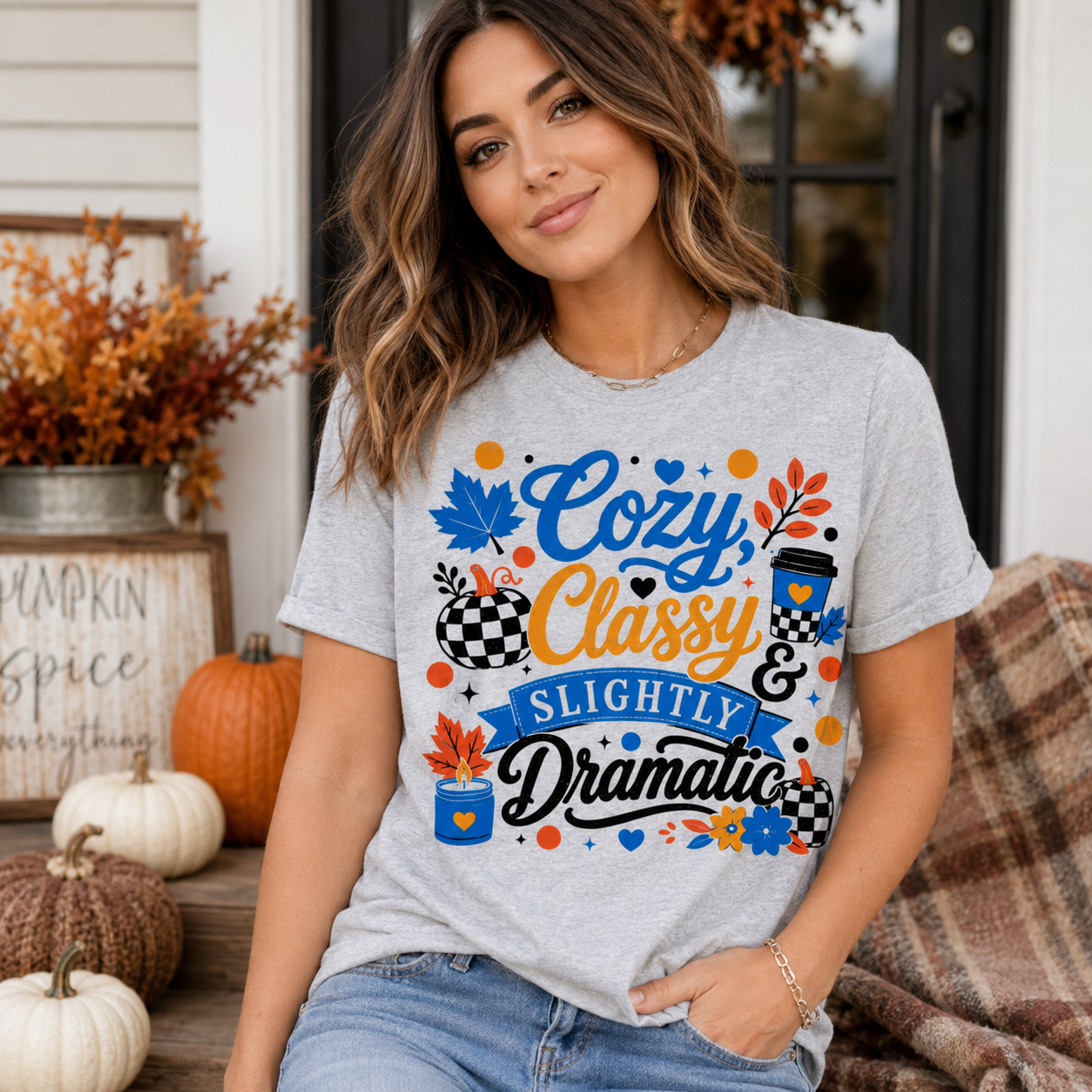 Gray Autumn Graphic Tee Checkered Pumpkin Black Glitter Vinyl