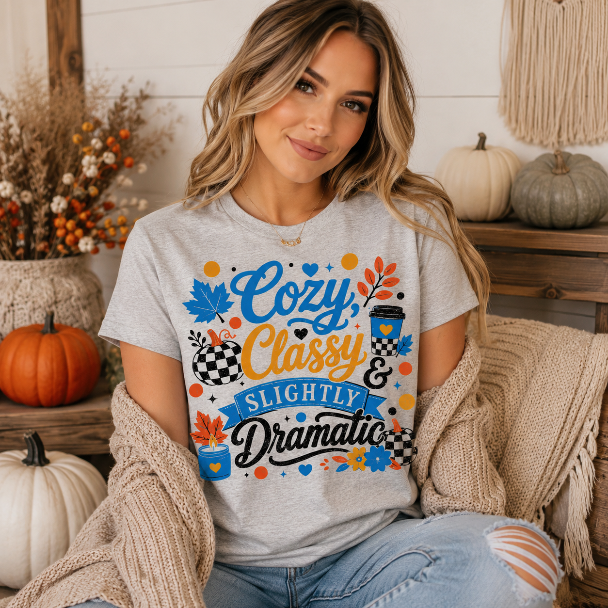 Gray Autumn Graphic Tee Checkered Pumpkin Black Glitter Vinyl