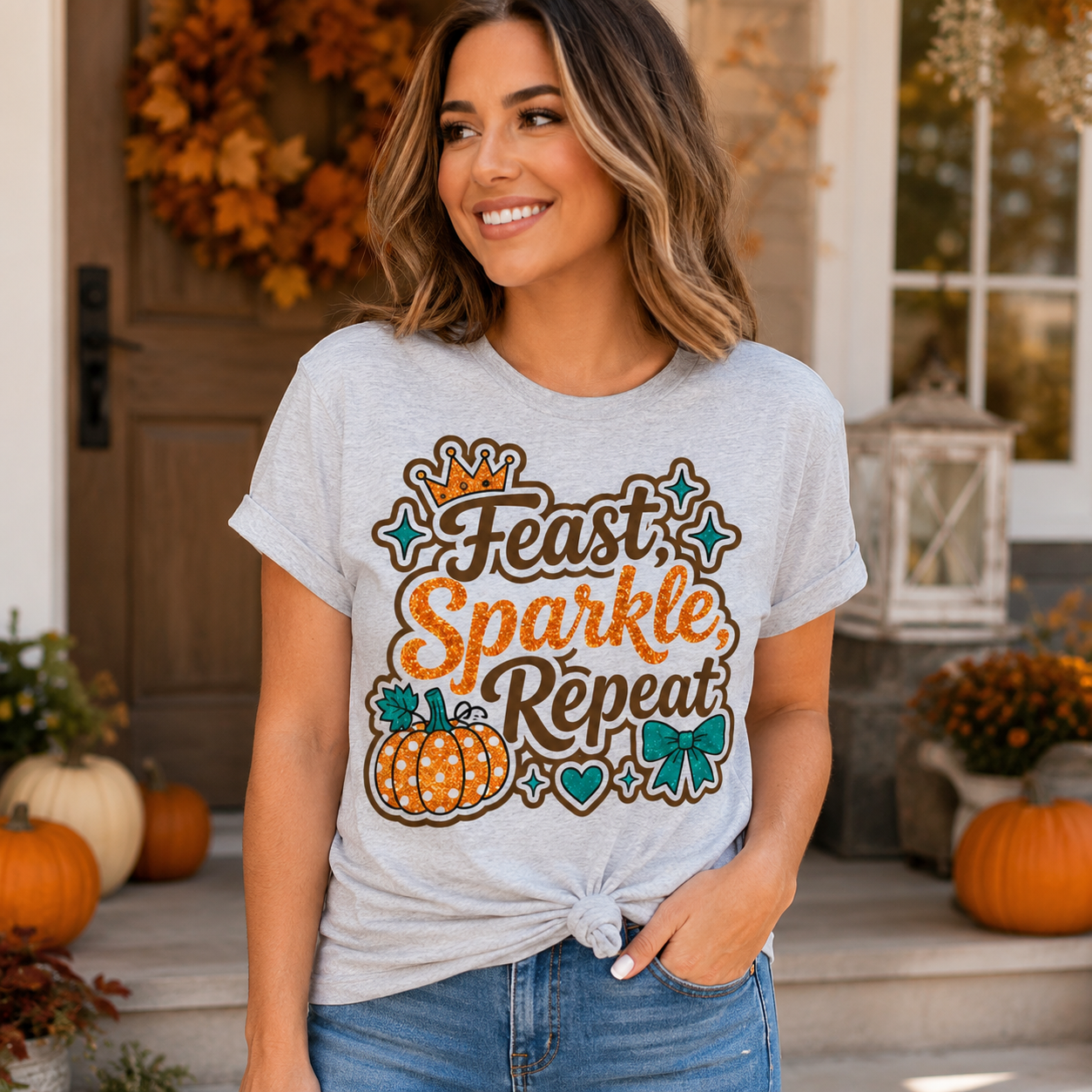 Women's Thanksgiving Graphic Tee – Feast Sparkle Repeat Orange Glitter Shirt