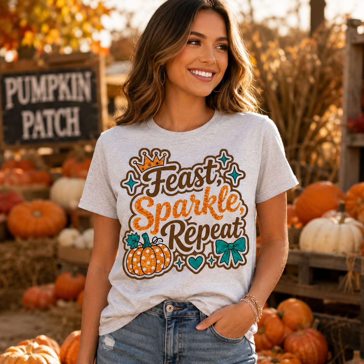Women's Thanksgiving Graphic Tee – Feast Sparkle Repeat Orange Glitter Shirt
