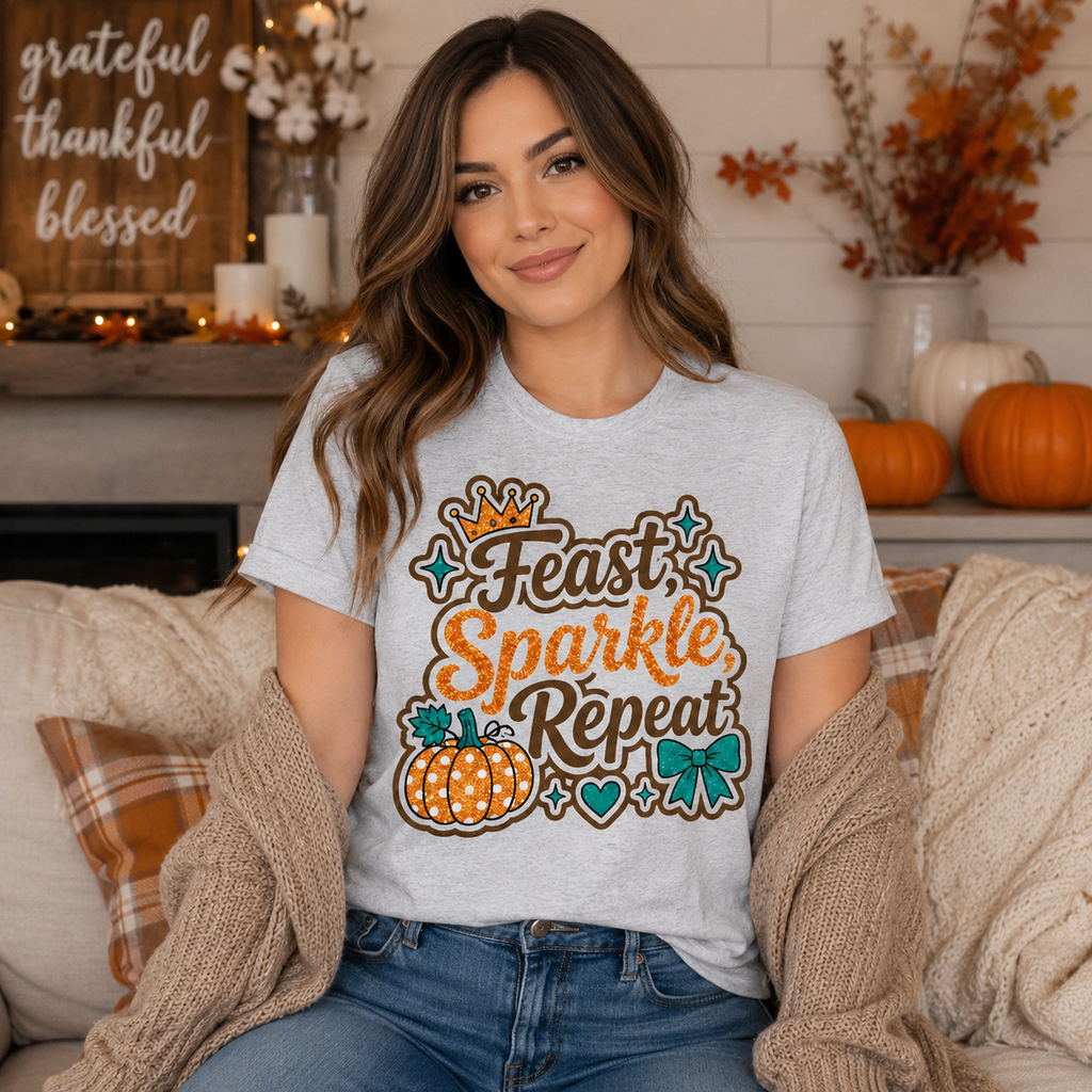 Women's Thanksgiving Graphic Tee – Feast Sparkle Repeat Orange Glitter Shirt