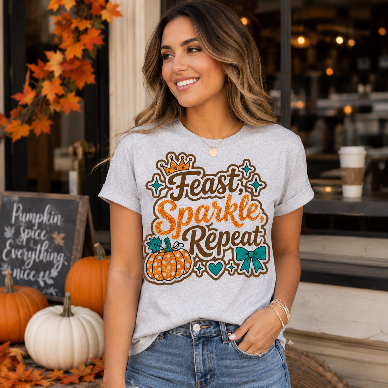 Women's Thanksgiving Graphic Tee – Feast Sparkle Repeat Orange Glitter Shirt