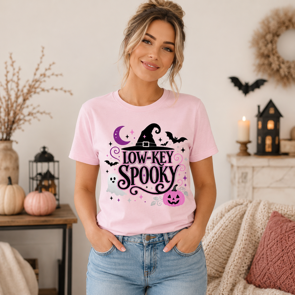 Women's Halloween Graphic Tee – Low-Key Spooky Pink Glitter Witch Shirt