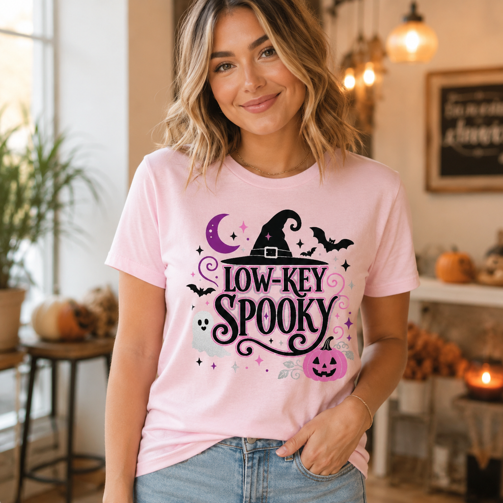 Women's Halloween Graphic Tee – Low-Key Spooky Pink Glitter Witch Shirt