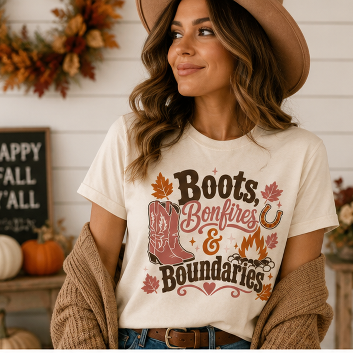 Western Bonfires Boots Graphic Tee, Autumn Cowgirl Fall Shirt