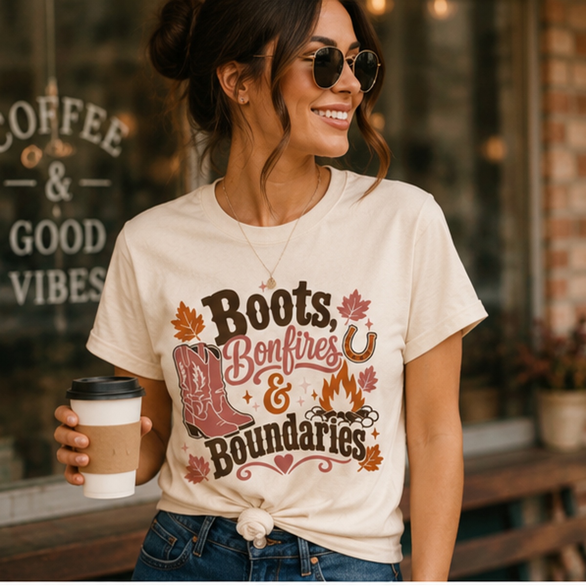Western Bonfires Boots Graphic Tee, Autumn Cowgirl Fall Shirt