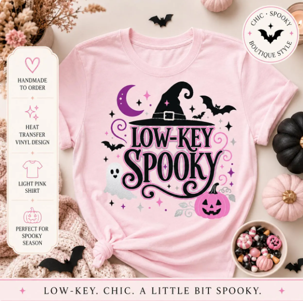 Women's Halloween Graphic Tee – Low-Key Spooky Pink Glitter Witch Shirt