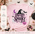 Women's Halloween Graphic Tee – Low-Key Spooky Pink Glitter Witch Shirt
