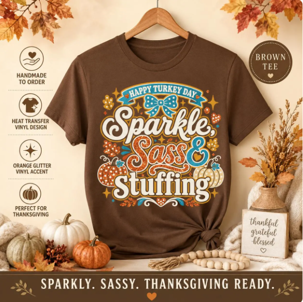Women's Thanksgiving Graphic Tee – Sparkle Sass & Stuffing Turkey Day Shirt